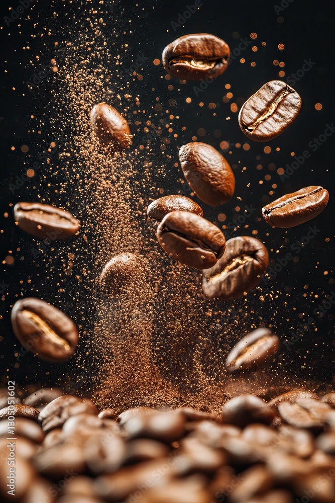 Dynamic motion shot of roasted coffee beans exploding in mid-air Dynamic motion shot of roasted coffee beans exploding in mid-air