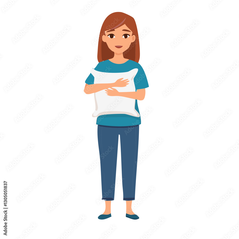 Fototapeta premium Cartoon woman, holding paper, blue shirt, business casual, illustration, vector graphics, colorful, modern style, office worker, female character, white background