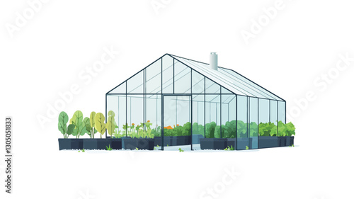 The image shows a rendering of a modern greenhouse. The greenhouse is a gable-roofed structure with a transparent glass exterior and a dark metal frame.  Inside, various green plants are