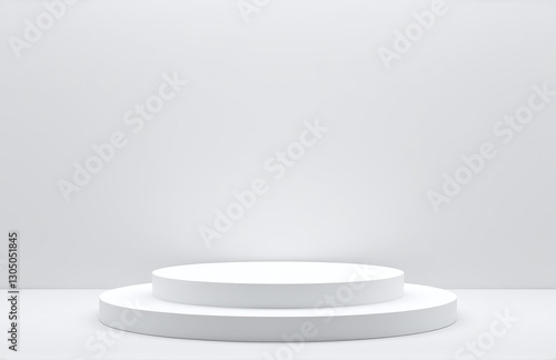 Round White Circle Empty Stages And Podium Stairs With 3d Model Of A Single Pedestal For Product Display.