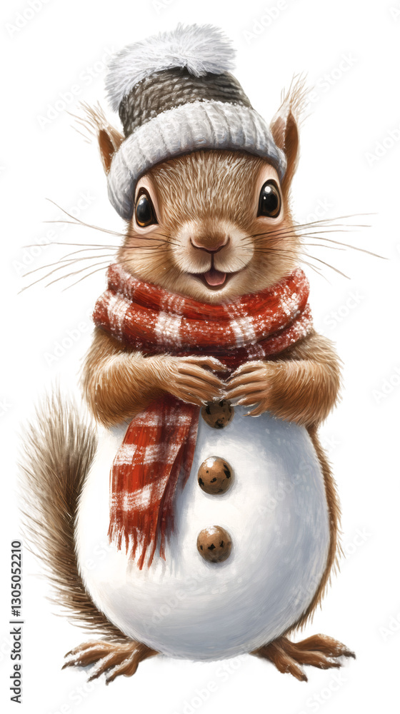 Fototapeta premium Cute squirrel with winter hat and scarf looking like a snowman, perfect for winter and Christmas projects