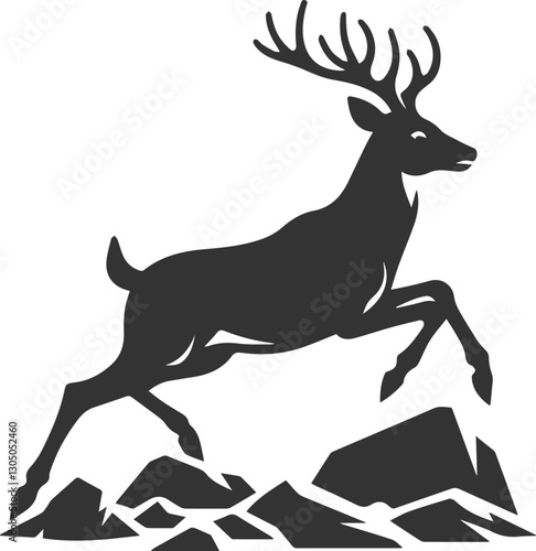 Deer running on an uneven rocky surface, adjusting its steps animal silhouette vector
