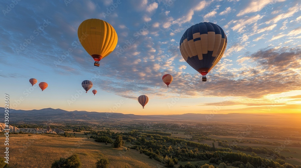 Obraz premium A colorful hot air balloon festival, with balloons filling the sky at sunrise.