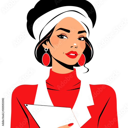 Charming woman wearing a head wrap and earrings holding a tablet with a confident expression