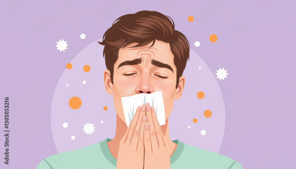 Young man sneezing into tissue surrounded by pollen, allergy discomfort Young man sneezing into tissue surrounded by pollen, allergy discomfort