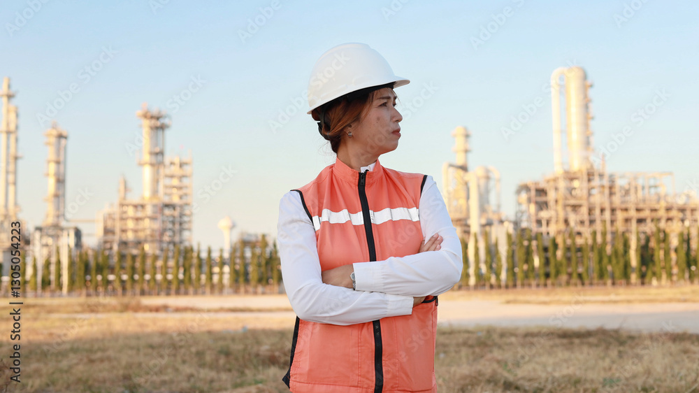 Construction Worker Stands Confidently at a Refinery Site During Sunrise in a Safety Vest and Helmet Construction Worker Stands Confidently at a Refinery Site During Sunrise in a Safety Vest and Helmet