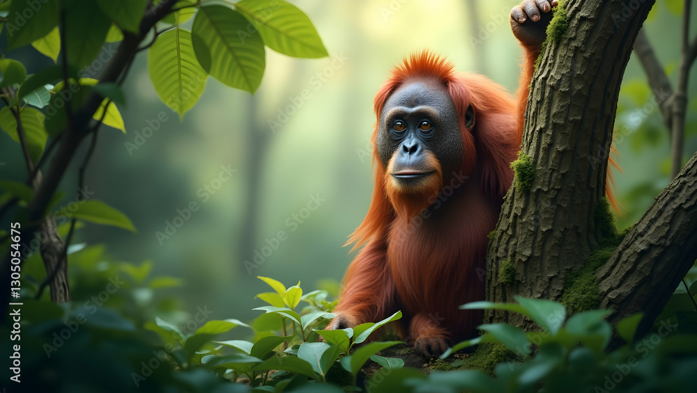 Obraz premium Orangutan and Rainforest Border Frame with Copy Space for World Wildlife Day Habitat Preservation