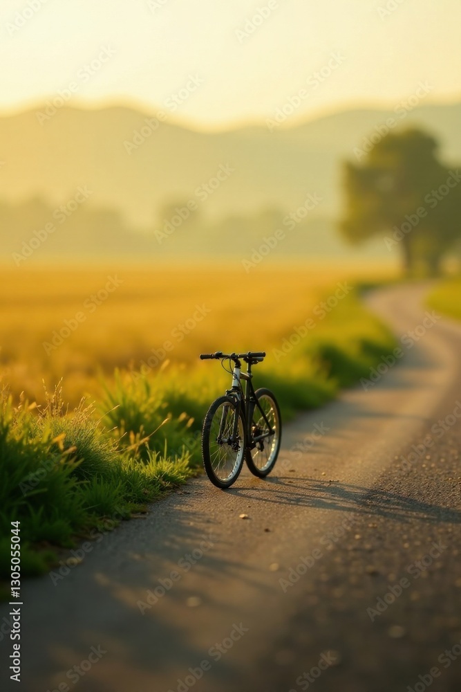 Obraz premium Serene Sunrise Bicycle Ride on Rural Asphalt Path