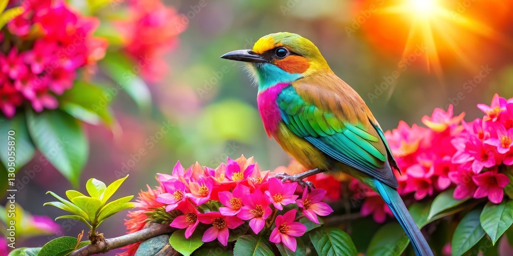 Fototapeta premium Vibrant Rainbow Bird Perched on a Branch Adorned with Vivid Pink Blossoms Under a Sunny Sky