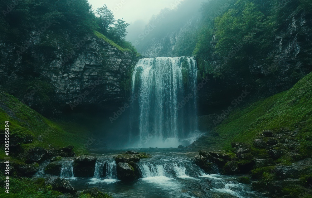 Serene Waterfall Cascading Down Lush Green Cliffs Surrounded by Misty Atmosphere in a Peaceful Nature Scene Serene Waterfall Cascading Down Lush Green Cliffs Surrounded by Misty Atmosphere in a Peaceful Nature Scene