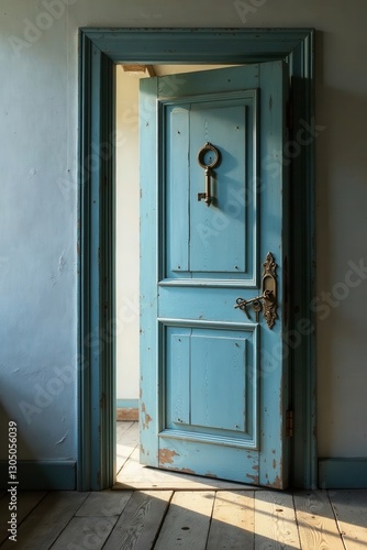 A Light Blue Antique Door Ajar  Revealing Sunlit Interior Space with Ornate Key