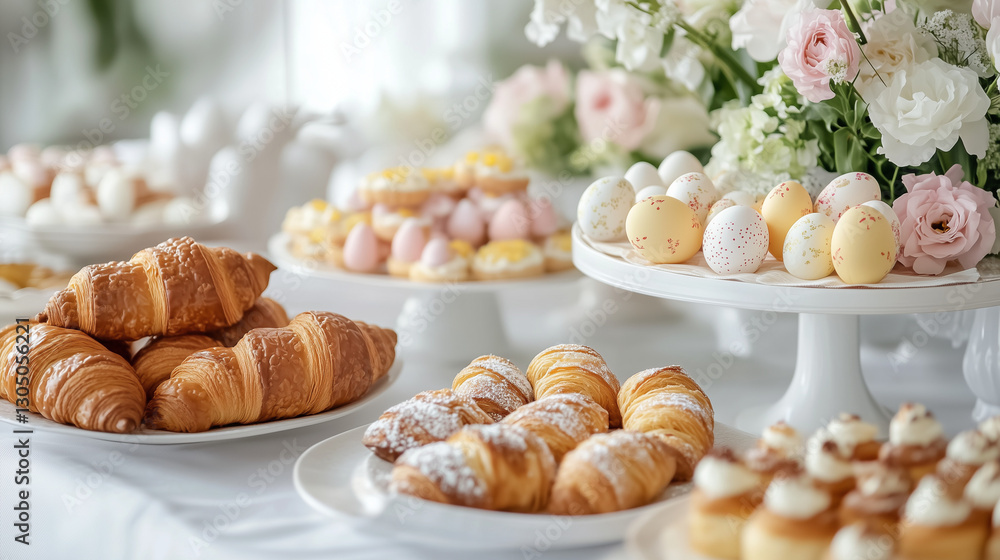 Luxurious Easter Brunch with Croissants, Cookies, and Floral Arrangements Luxurious Easter Brunch with Croissants, Cookies, and Floral Arrangements
