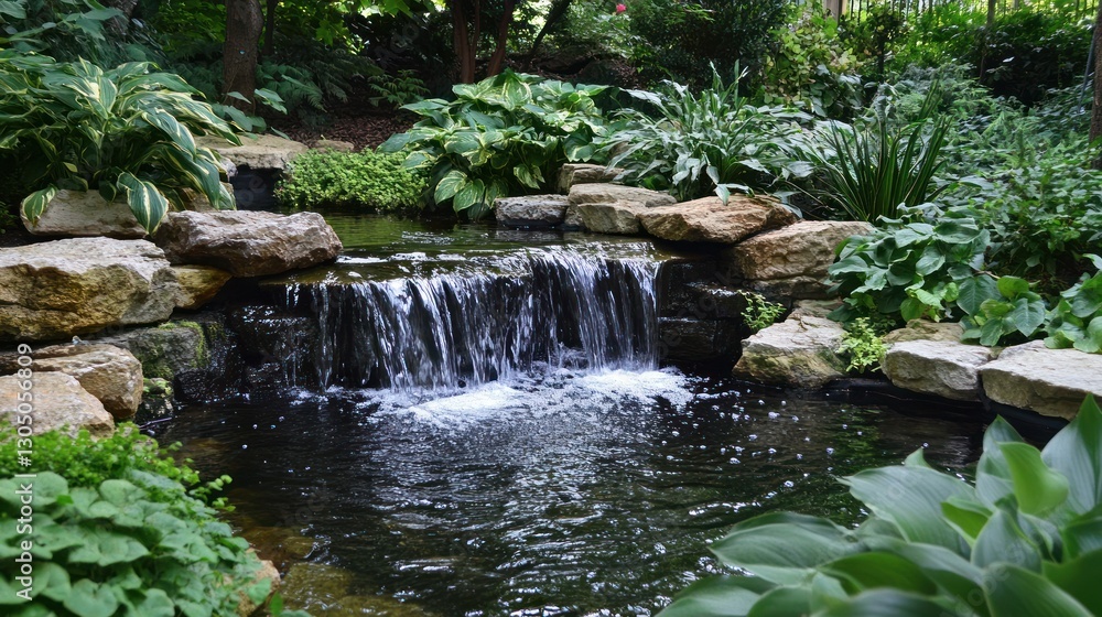Garden Waterfall, Stones, Plants, Tranquil Scene Garden Waterfall, Stones, Plants, Tranquil Scene