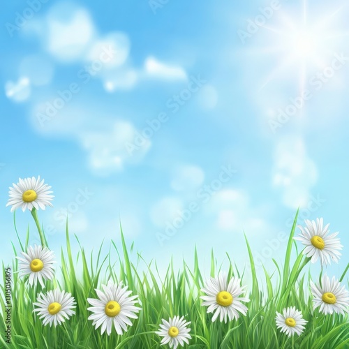Sunny Day Daisies White Flowers in Green Grass Against Blue Sky