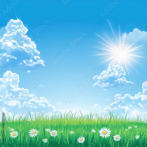 Sunny Day Landscape Green Field with Daisies under Blue Sky