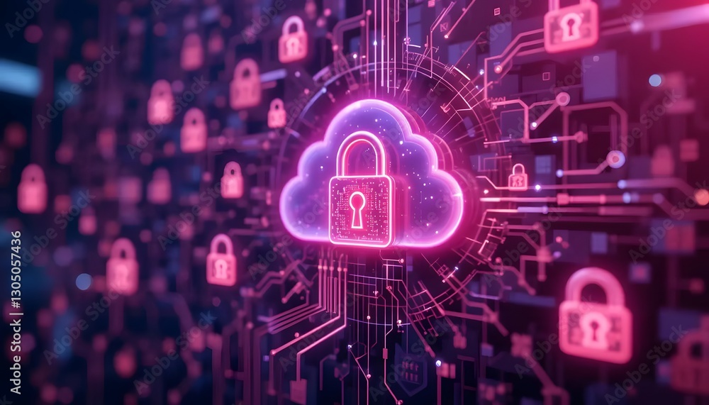 Futuristic Cloud Computing Security Illustration Featuring Digital Lock and Data Protection Concepts Futuristic Cloud Computing Security Illustration Featuring Digital Lock and Data Protection Concepts