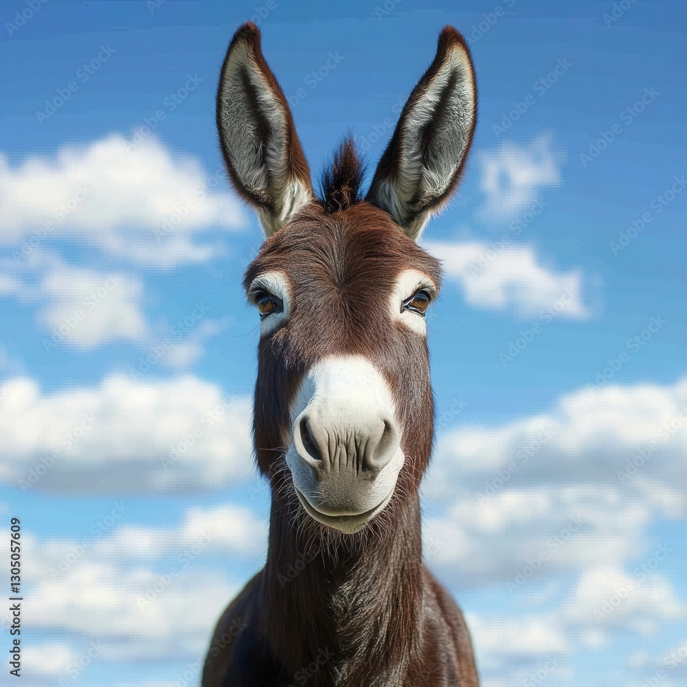Charming donkey portrait against a bright blue sky with fluffy clouds in a sunny day farm animal photography Charming donkey portrait against a bright blue sky with fluffy clouds in a sunny day farm animal photography