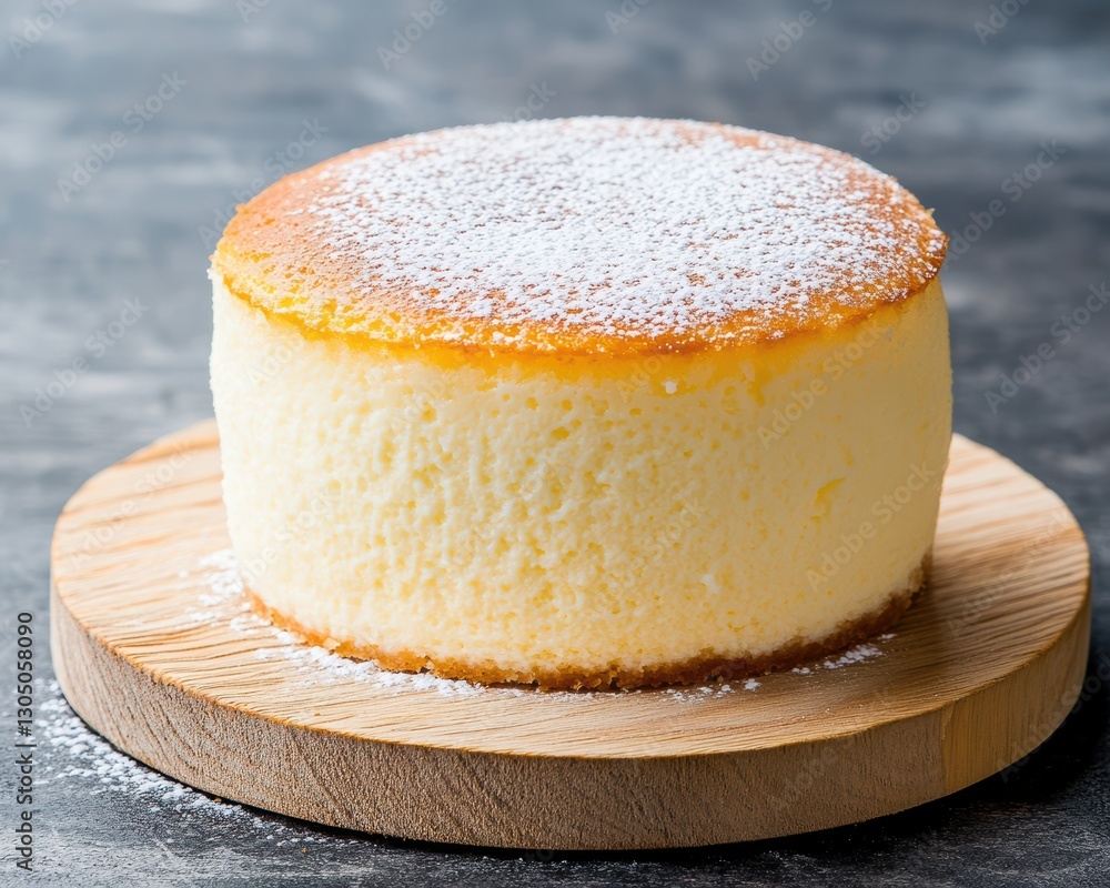 Fluffy Japanese Cheesecake with Golden Top on Wooden Serving Board Fluffy Japanese Cheesecake with Golden Top on Wooden Serving Board