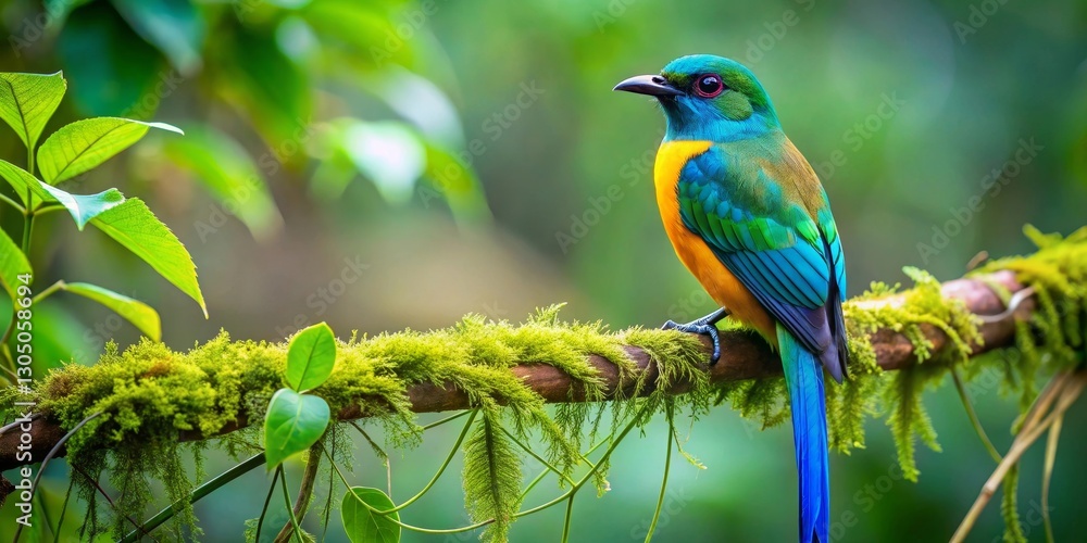 Obraz premium Vibrant Tropical Bird Perched on Mossy Branch in Lush Green Foliage