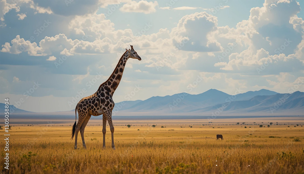 Obraz premium awe-inspiring giraffe embodies breathtaking splendor and boundless expanse of African savanna, adorned with its resplendent golden grasslands and far-reaching horizons
