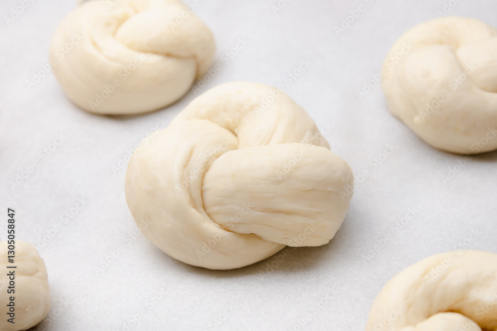 Raw yeast bread buns on parchment paper. Braided knot rolls or small yeast bread knots resting or second rise. Swiss butter bread called Zopf or Challah. Sunday bread. Selective focus. Raw yeast bread buns on parchment paper. Braided knot rolls or small yeast bread knots resting or second rise. Swiss butter bread called Zopf or Challah. Sunday bread. Selective focus.