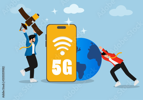 5G network technology, two young business people brought a satellite and pushed the eart, in order to boost the 5G network, changing the latest network technology.