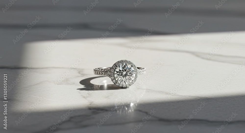 A sparkling oval diamond engagement ring with a halo setting in white gold rests on a marble surface. Sunlight casts shadows, highlighting the brilliance of the gemstone. A sparkling oval diamond engagement ring with a halo setting in white gold rests on a marble surface. Sunlight casts shadows, highlighting the brilliance of the gemstone.