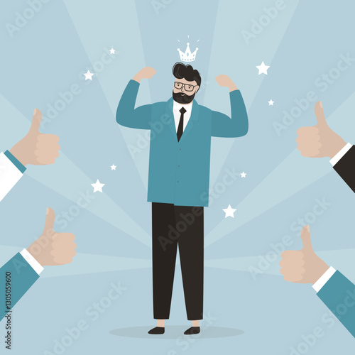 Handsome man wears crown, various hands in approval or like gestures. Metaphor of self love. Successful businessman with confidence, strong guy shows his muscles,