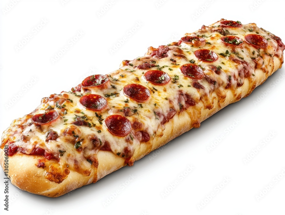 Delicious long pizza with pepperoni and cheese on a white background studio shot close up angle appetizing food photography