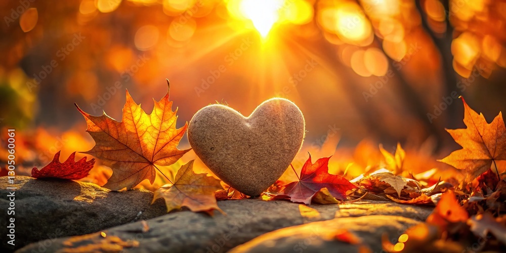 Fototapeta premium Autumn Kindness: Silhouette of a Rock Shaped Like a Heart Amidst Falling Leaves