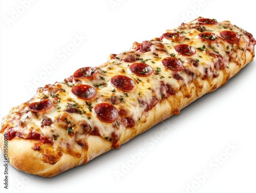 Obraz na płótnie Delicious long pizza with pepperoni and cheese on a white background studio shot close up angle appetizing food photography w salonie