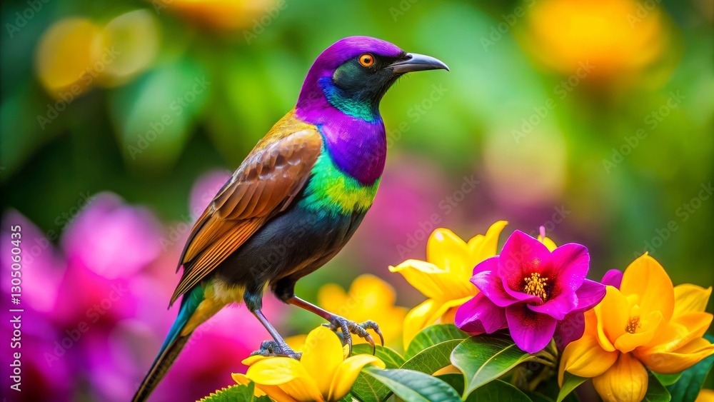 Fototapeta premium Vibrant Plumage, A Jewel-toned Bird Perched Amidst a Lush Garden of Colorful Blossoms