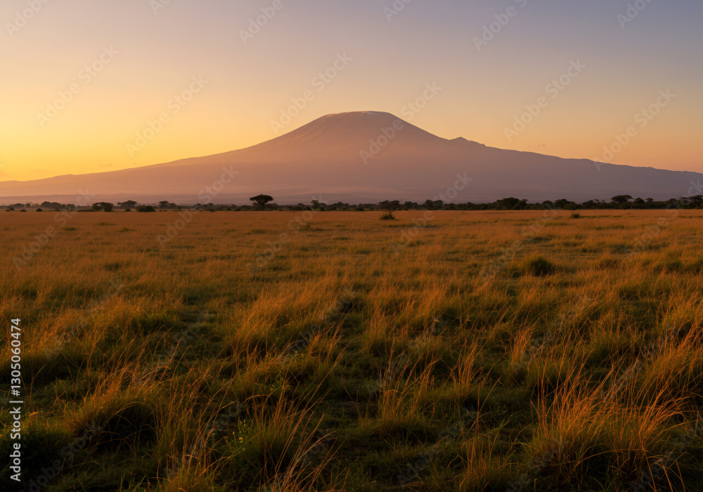 Obraz premium remarkable landscape of Kenyan savanna at twilight, with its tranquil grandeur, embodies distant Mount Kilimanjaro, vast plains, and profound connection between land and sky