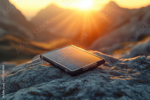 A solar - powered device lies on a rocky surface with a stunning mountainous landscape and a setting sun in the background, highlighting sustainable energy in outdoor settings. photo