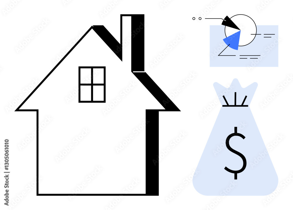 House outline, analytics chart with pie graph, and money bag illustrate real estate investment, financial growth, and property management. Ideal for business, finance, housing loans, economy House outline, analytics chart with pie graph, and money bag illustrate real estate investment, financial growth, and property management. Ideal for business, finance, housing loans, economy