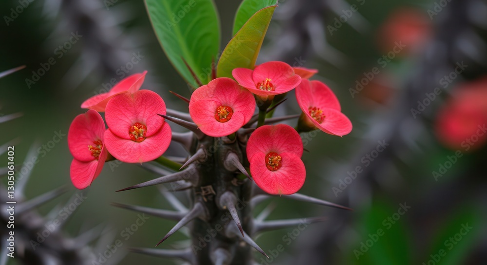 Obraz premium Blooming Crown of Thorns Plant with Red Flowers and Sharp Spines