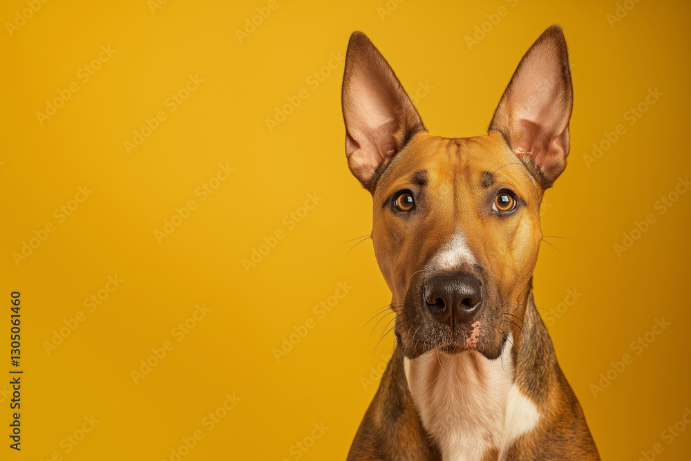Obraz premium Bull Terrier dog on minimalistic colorful background with Copy Space. Perfect for banners, veterinary ads, pet food promotions, and minimalist designs.