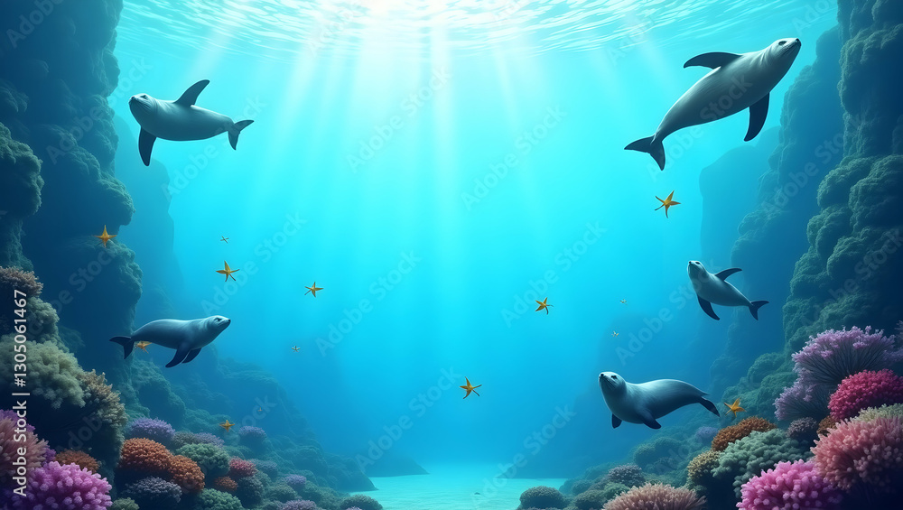 Fototapeta premium Coral reefs and sea lions border frame with marine protection copy space for World Oceans Day concept as Vibrant coral reefs and majestic sea lions framing marine protection space for World Oceans Day