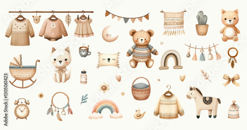 Set of boho baby shower elements in Scandinavian style. Cartoon doodle kids clipart for baby shower invitation card, nursery room decor, poster.