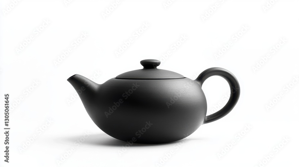 A black ceramic teapot with a lid and a curved handle A black ceramic teapot with a lid and a curved handle