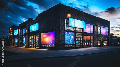 Modern Brick Retail Building with Vibrant Digital Signage at Night