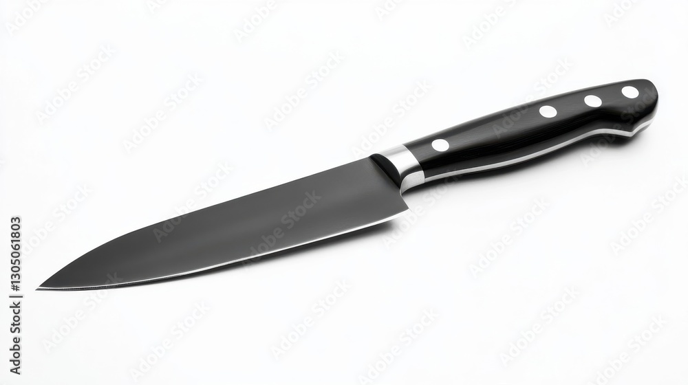 A sharp kitchen knife with a black handle lays angled A sharp kitchen knife with a black handle lays angled
