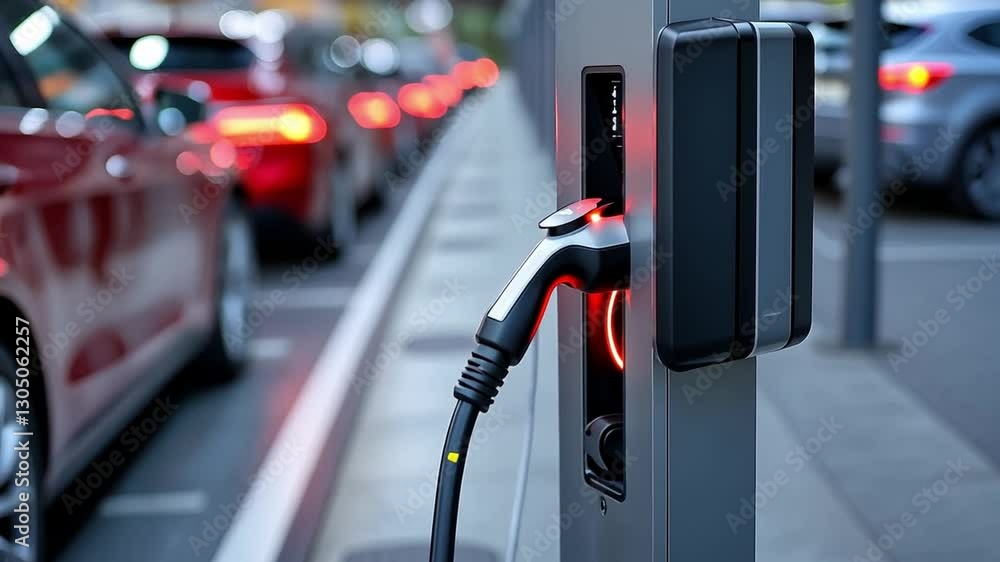 Charging Point and Electric Vehicle: A close-up captures an electric vehicle charging station with a plugged-in cable, hinting at the future of automotive transport. Charging Point and Electric Vehicle: A close-up captures an electric vehicle charging station with a plugged-in cable, hinting at the future of automotive transport.