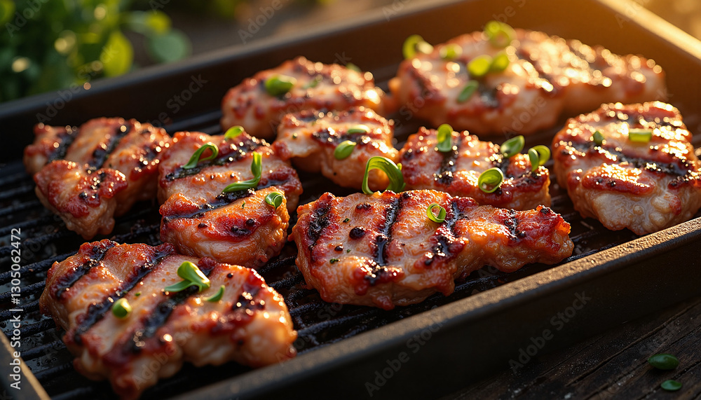 Grilled meat slices with perfect grill marks, outdoor summer barbecue Grilled meat slices with perfect grill marks, outdoor summer barbecue