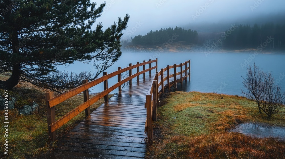 Obraz premium A wooden bridge disappearing into thick morning fog.