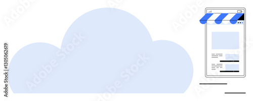 Large cloud beside smartphone with storefront interface representing digital business, data storage, and online retail. Ideal for e-commerce, cloud computing, technology, business, startups