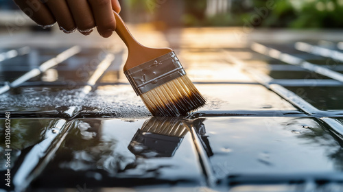 A person carefully applies a clear gloss product to ceramic tiles outdoors, enhancing the surface's shine and providing a protective layer as the sun sets in the background © Easy