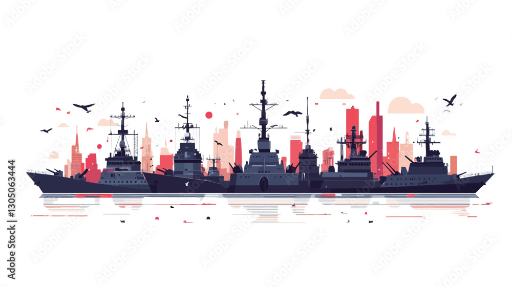 Obraz premium The image is a stylized vector illustration depicting a cityscape skyline with a fleet of warships in the foreground. The style is minimalist, using mainly dark blues and reds for the
