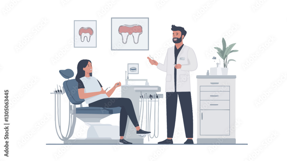 The illustration depicts a flat vector graphic design showing a dentist in a white coat and a patient sitting in a dental chair. The dentist is gesturing while talking to the patient. The The illustration depicts a flat vector graphic design showing a dentist in a white coat and a patient sitting in a dental chair. The dentist is gesturing while talking to the patient. The