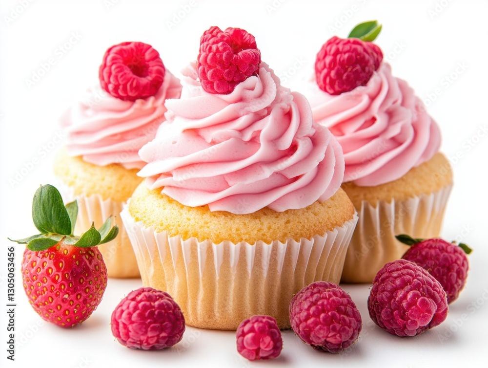 Delightful cupcakes with pink frosting and fresh raspberries on a clean white background perfect for dessert themes Delightful cupcakes with pink frosting and fresh raspberries on a clean white background perfect for dessert themes